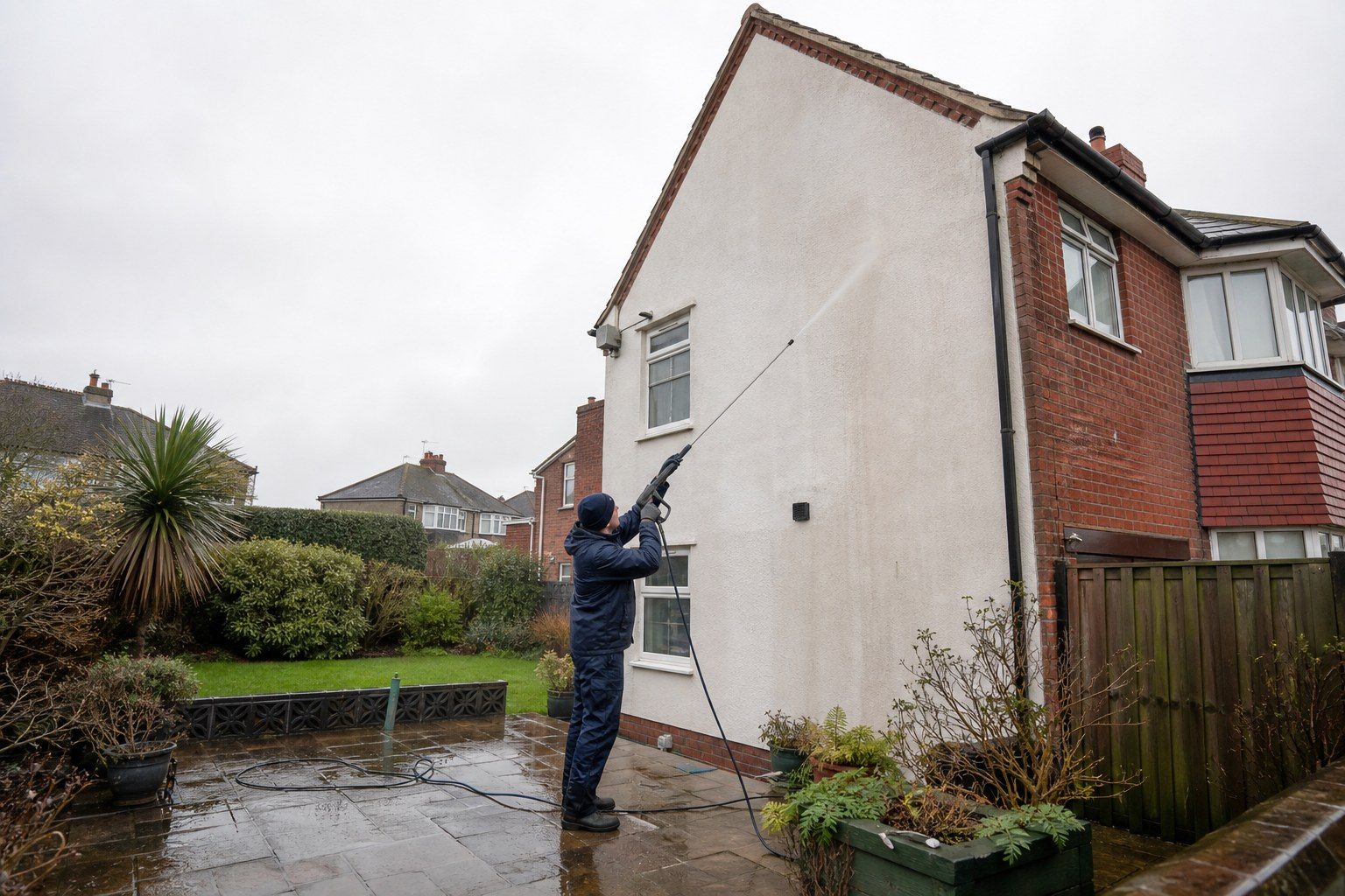 Operative soft washing the rendered gable of a British red-brick semi-detached house