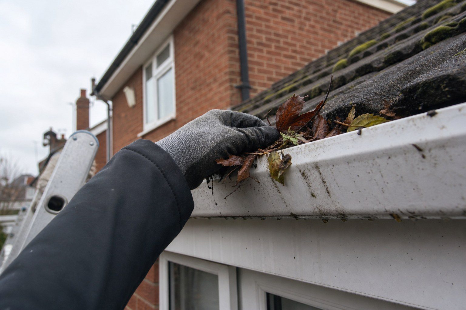 Gloved hand clearing leaves from a white uPVC gutter on a brick house